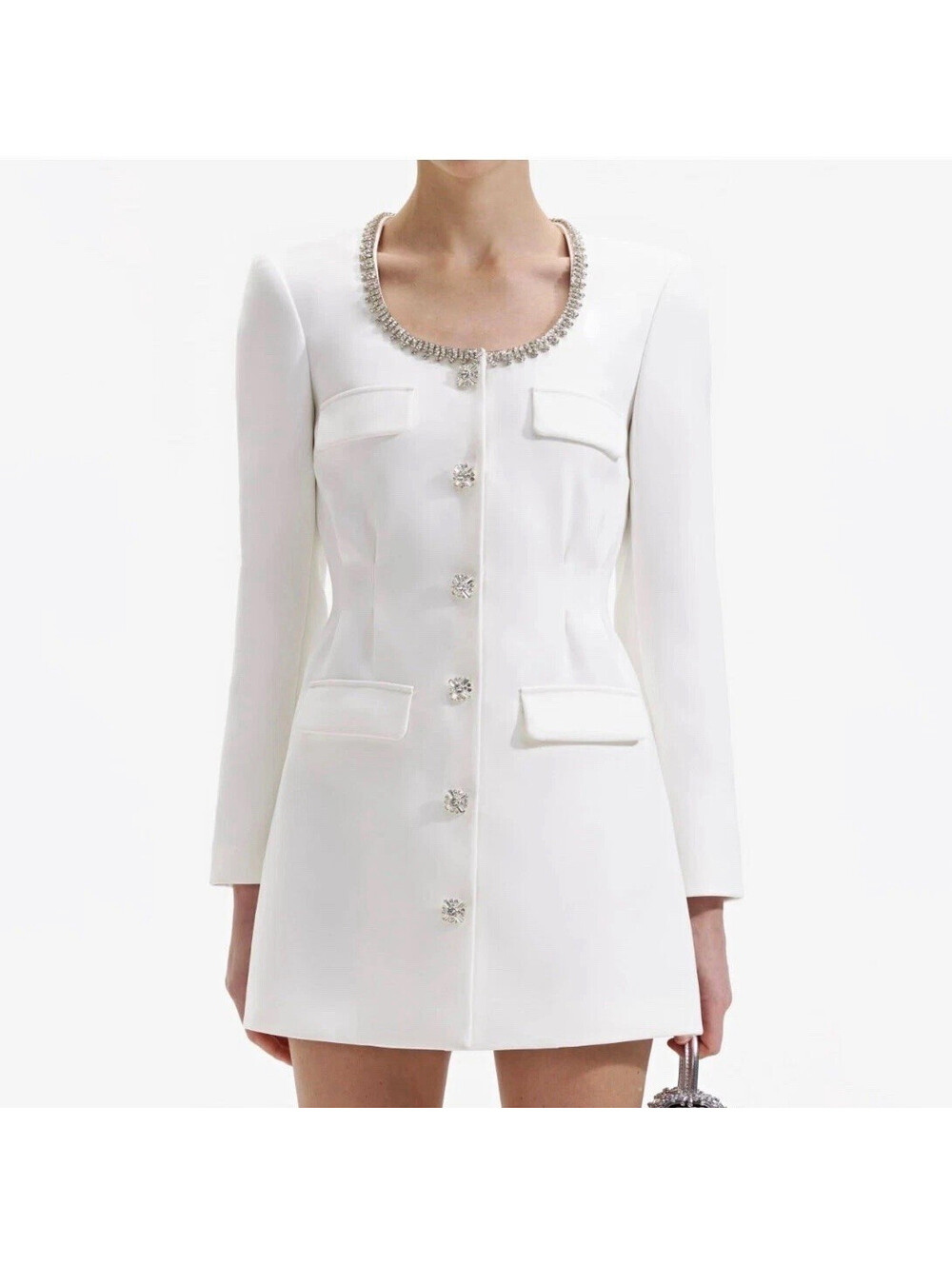 Self-portrait White Diamante Trim Rhinestone Buttons Mini Dress 6 NWT